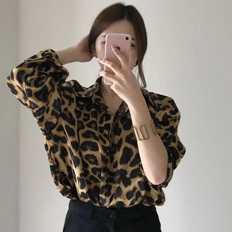 New Office Lady Shirts Leopard Shirts Allmatch Long Sleeve Blouses Turndown Clothing
