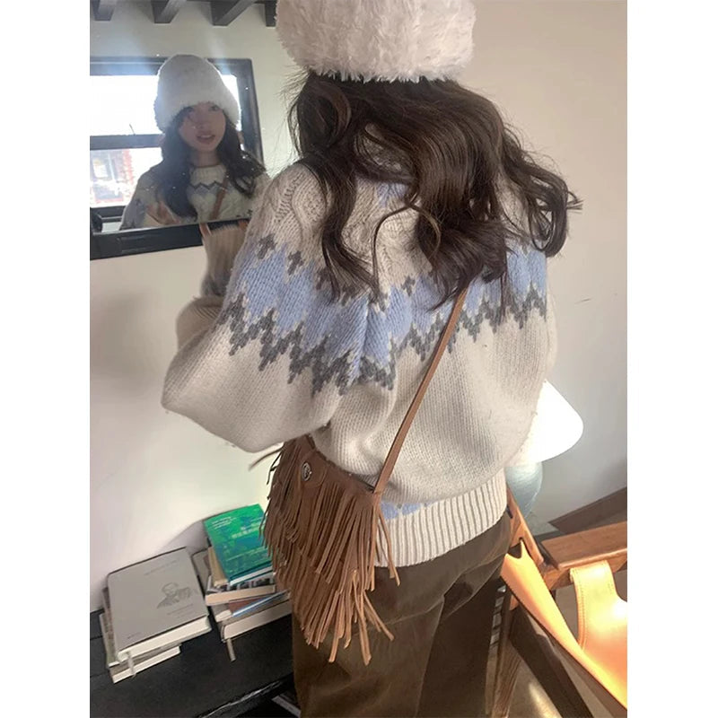 Print Sweater Japanese Harajuku Oversized Knitted Pullovers Winter Aesthetic Long Sleeve Jumpers Korean Knitwear