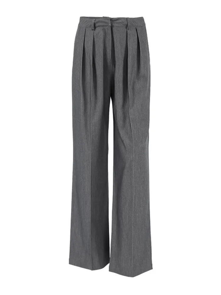 New Autumn Gray Straight Pant Cotton Blend Color High Wiast Loose Woman Trouser Simple Female Clothing New