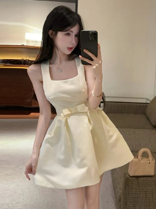 Dresses Sweet Square Collar Bow Sleeveless Slim Ball Gown Mini Dress Temperament Spring