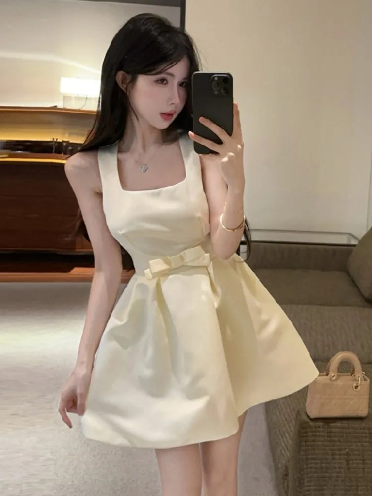 Dresses Sweet Square Collar Bow Sleeveless Slim Ball Gown Mini Dress Temperament Spring