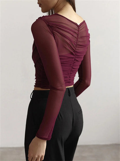 Mesh Patchwork V-neck T-shirt Top Female Long Sleeve Cropped Y2k Tee Pullover Inner ’s Top Autumn