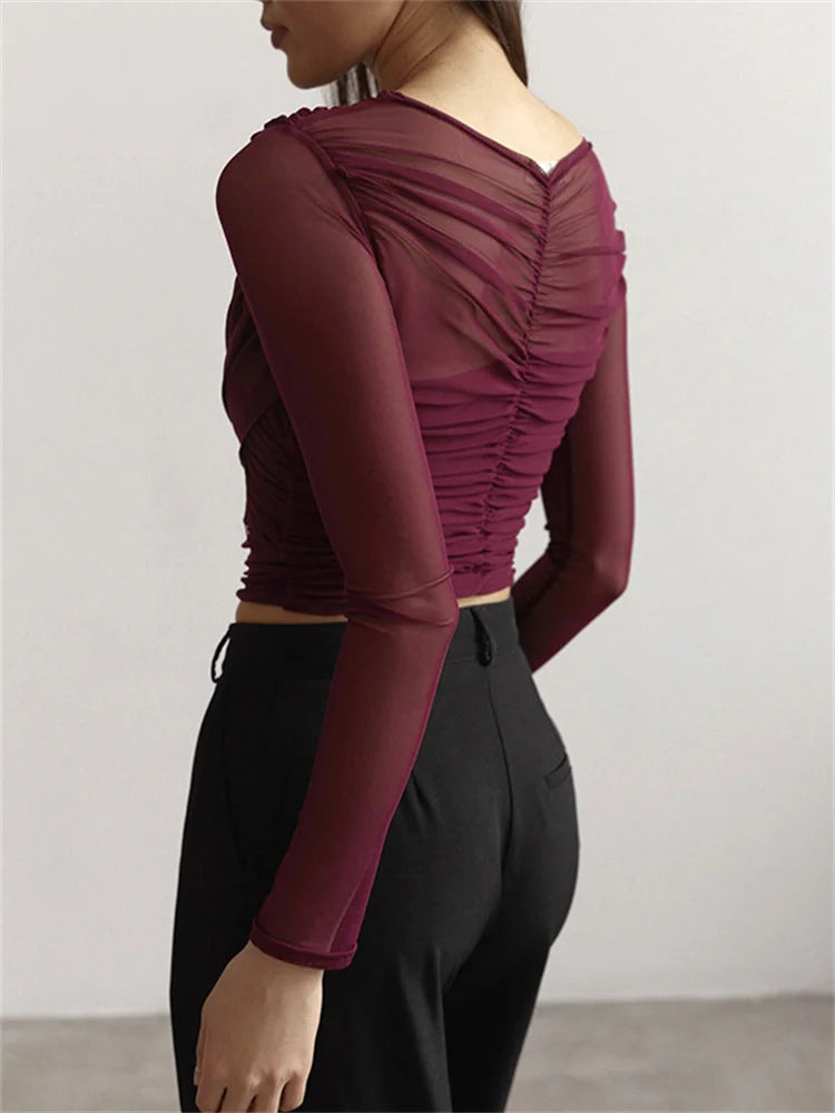 Mesh Patchwork V-neck T-shirt Top Female Long Sleeve Cropped Y2k Tee Pullover Inner ’s Top Autumn