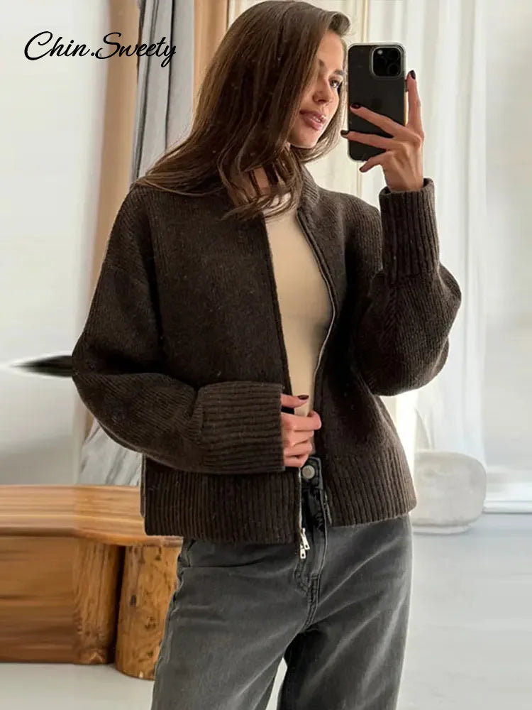 Knit Zipper Cardigan for Loose O Neck Long Sleeve Sweater Top Female Fall Winter All-matching Knitwear
