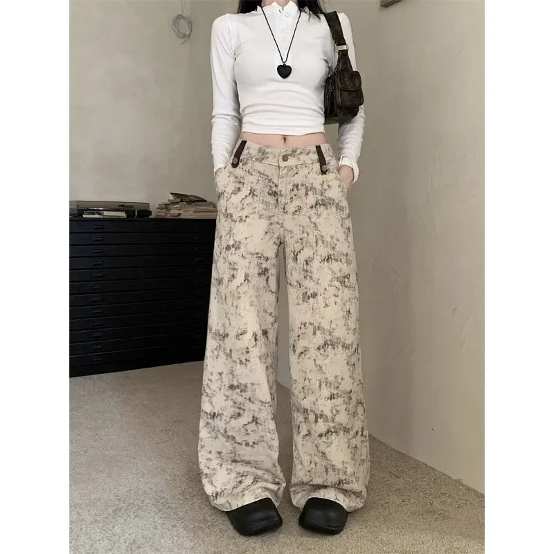 Contrast Color Patchwork Wide Leg Pants Autumn New Korean High Waist Allmatch Tiedye Loose Jeans