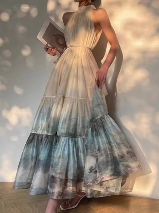 Summer Print Midi Dress Sleeveless Aline Pleated Party Birthday Dresses Female Clothes Robe New