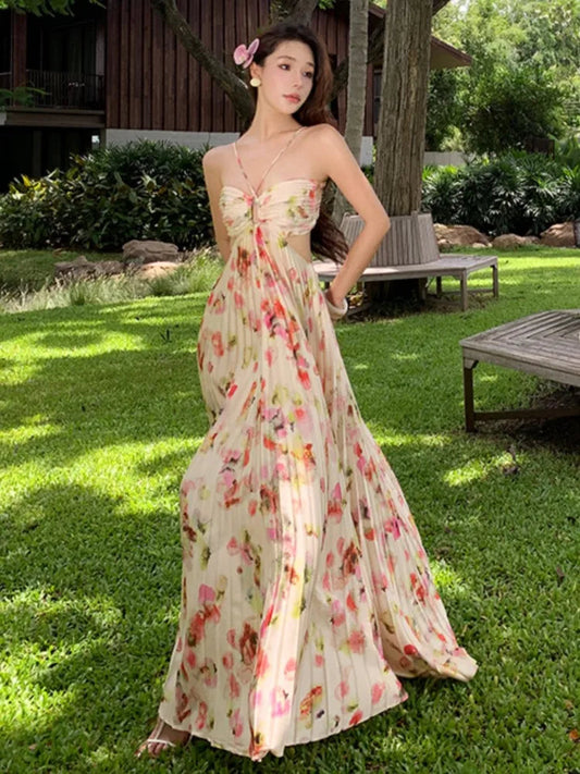 Print Long Dresses for Backless Laceup Party Dress Summer Holiday Beach Pleated Aline Vestidos Robe
