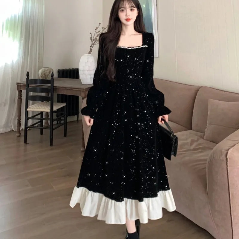 Autumn Shiny Velvet Midi Dresses for Long Sleeve Square Collar Oversize Ruffles Patchwork Christmas Party Dress Vestidos