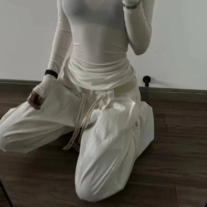 American Retro Pleated Draping White Pants Autumn New Loose Allmatch Wide Leg Pants With Belt
