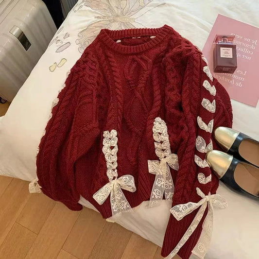 Sweet Hot Girl Christmas Red Twist Sweater Autumn/winter Laceup Bow Knitted Pullover Female Clothes
