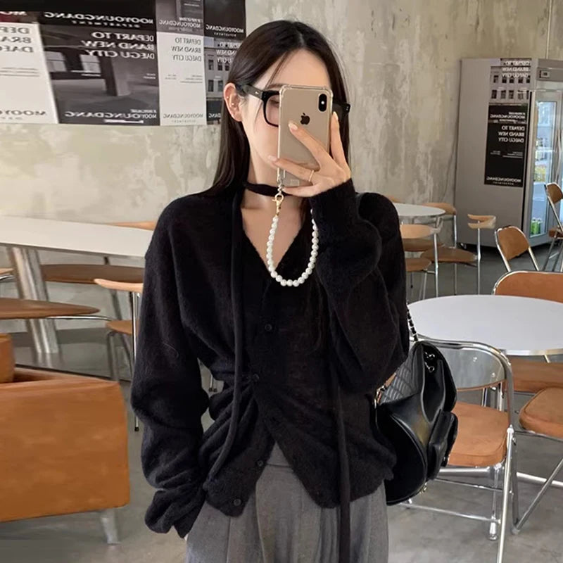 South Korea Cardigan Simple Temperament Vneck Neck Irregular Buckle Waist Slimming Tops Long Sleeve Sweater