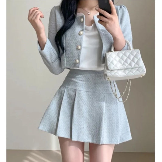 Korean Tweed Short Jacket Cropped Coats + High Waist Mini Skirts Suits Autumn New Slim Two-piece Sets
