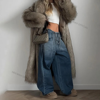 Mob Wife Aesthetic Long Faux Fur Coat Winter Fluffy Gradient Fox Fur Jacket Female Furry Overcoat