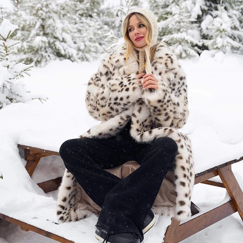 Maxi Long Leopard Belted Faux Fur Coat Winter Brand Mob Wife Vibe Fox Fur Jacket Overcoat