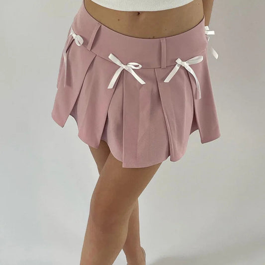 Europe and America Summer New French Style Sweet Bow Tie Up Half Aline Skirt Pleated Skirt