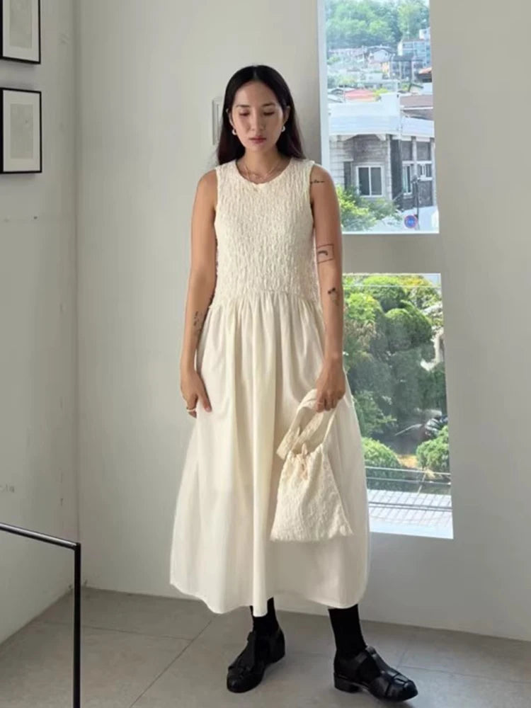 Long Dress Korean Summer Design Round Neck Pleated Texture Slim Fit Sleeveless Vest Vestidos