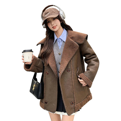 Sweet Hot Girl Lamb Wool Coat Winter Thick Turndown Collar Sueded Doublesided Fur Coat Female Clothes