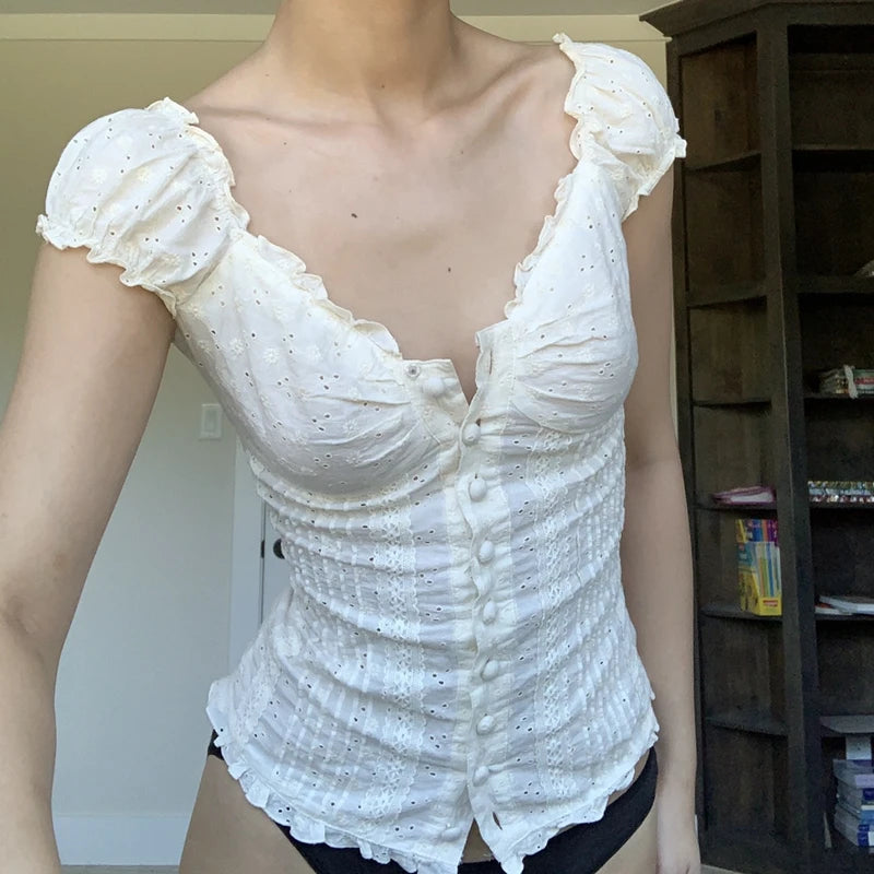 90s French T-shirt Fairy Grunge Kawaii Button Frill V Neck Pullovers Tee Y2k Aesthetic White Crop Top Retro