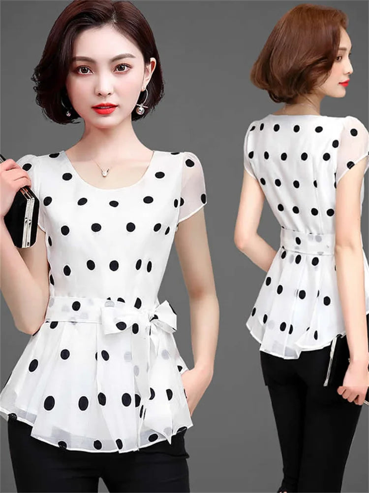 Summer Style Chiffon Blouses Shirts Lady Short Sleeve O-neck Polka Dot Printed Blusas Tops Df2824