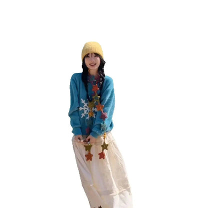 Korean Round Neck Sweater College Style Christmas Blue Snowflake Hook Pattern Imitation Mink Fur Pullover Winter