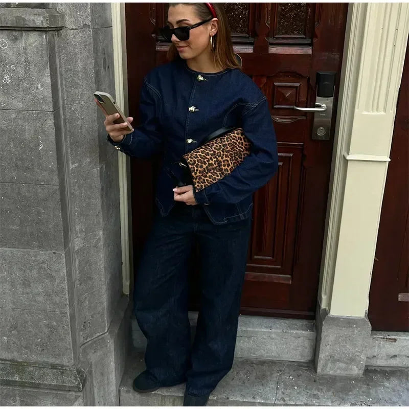 Tavimart - Y2k Denim Jacket for Spring O-neck Single Breasted Coat Female Street Long Sleeve Lady Outerwear