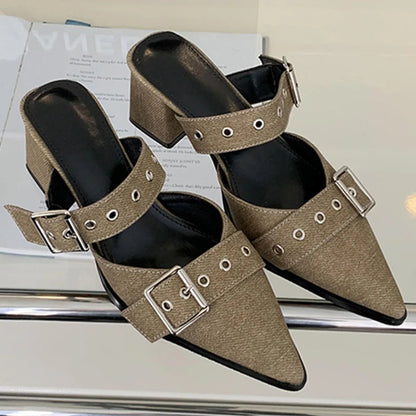 Pumps Belt Buckle Pointed Toe Black High Heel Mule Summer Slides Half Slipper Shoes for Big Size 43