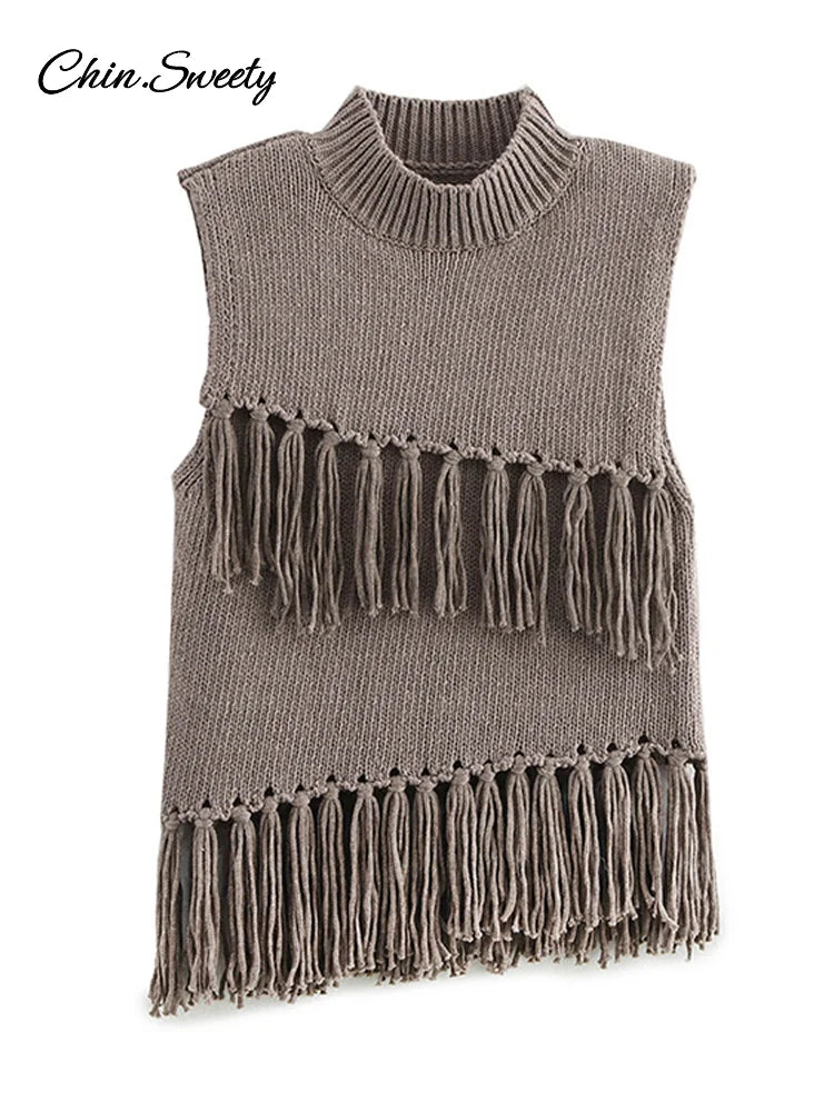 Street Tassel Knitted Vest Sweater for Half-high Collar Sleeveless Slim Fit Tank Top Female Spring Lady Soft Outwear