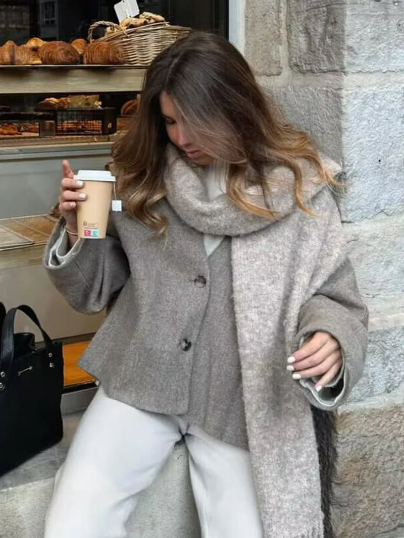 Faux Woolen Blend Jacket for Woman Winter Warm Vneck Single Breasted Loose Coats New Allmatc Jackets
