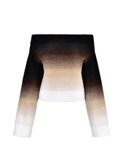 Gradient Off Shoulder Sweater Knitted Long Sleeve Cropped Pullover Autumn Female Top Knitwear