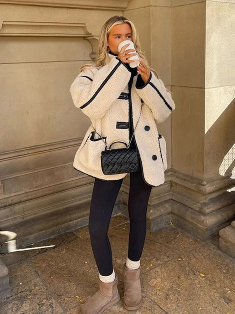 Plush Stand Collar Jackets Coat Lambwool White Single-breasted Pockets Jacket Female Autumn High Street Outwear