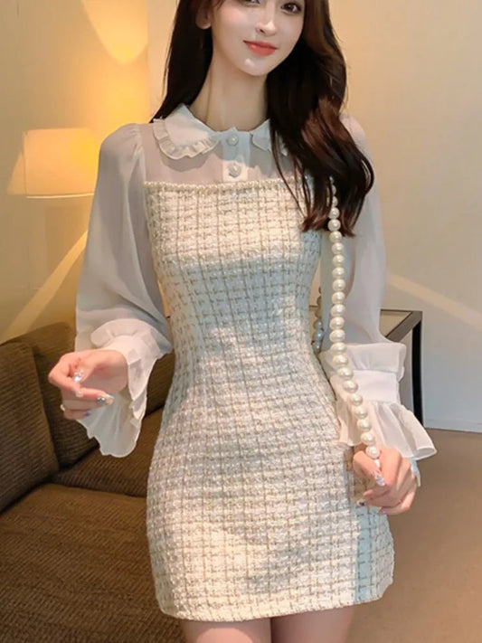 Plaid Mini Dress Sweet Flare Long Sleeves Chiffon Patchwork Birthday Party Short Dresses Female Clothing New