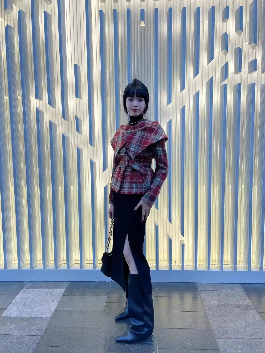 French Retro Plaid Wool Coat for Autumn/winter New High End Temperament Waist Cinching Strap Short Jackets Clothing