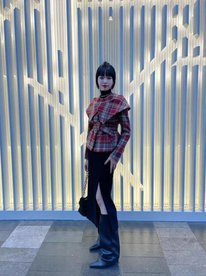 French Retro Plaid Wool Coat for Autumn/winter New High End Temperament Waist Cinching Strap Short Jackets Clothing