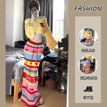 Sweet Hot Girl Pure Suit Autumn Knitted Short Sweater High Waist Long Skirt Twopiece Set Female Clothes