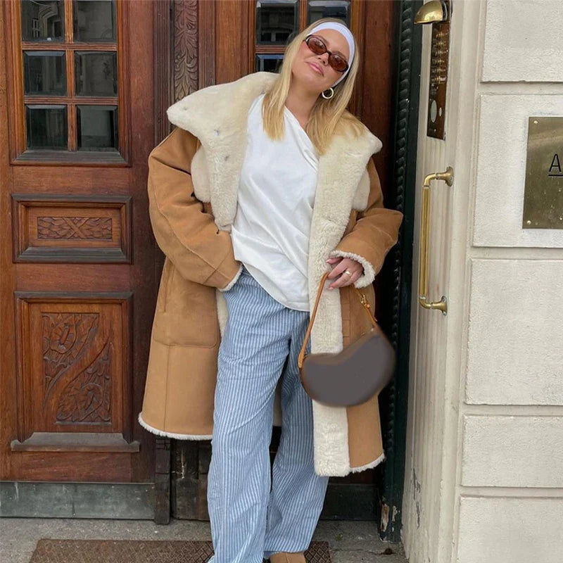 Furry Faux Fur Patchwork Coats Winter Long Sleeve Lapel Female Loose Jacket Pockets Thick Warm Lady Outwear