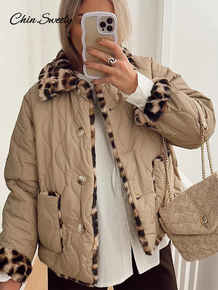 Leopard Double Side ’s Quilted Parkas Long Sleeve Lapel Fleece Button Padded Coat New Lady Thick Warm Outwear