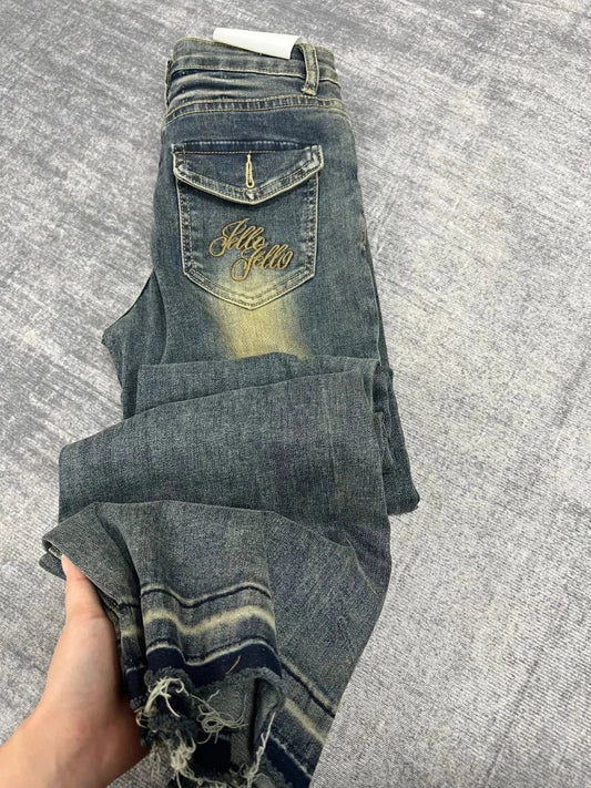 High Waist Flare Jeans Y2k Loose Embroidery Wide Leg Boot Cut Denim Pants Harajuku Do Old Bottoms