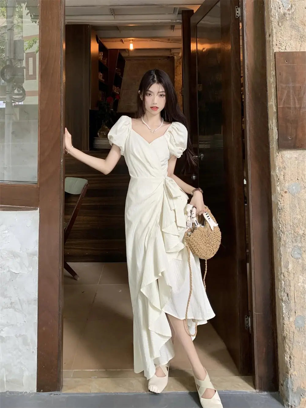 White Vneck Lace Up Short Sleeved Dress Summer New Lotus Leaf Edge Waist Cinching Slim Temperament Long Dresses