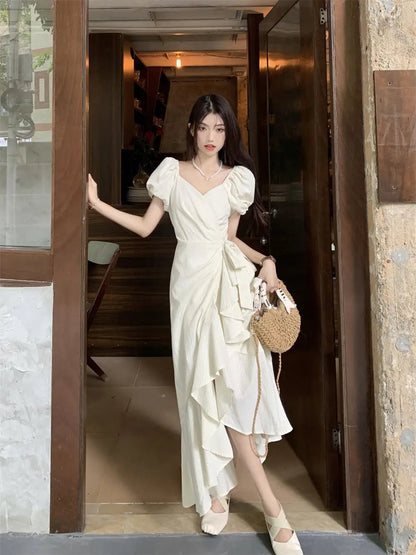 White Vneck Lace Up Short Sleeved Dress Summer New Lotus Leaf Edge Waist Cinching Slim Temperament Long Dresses