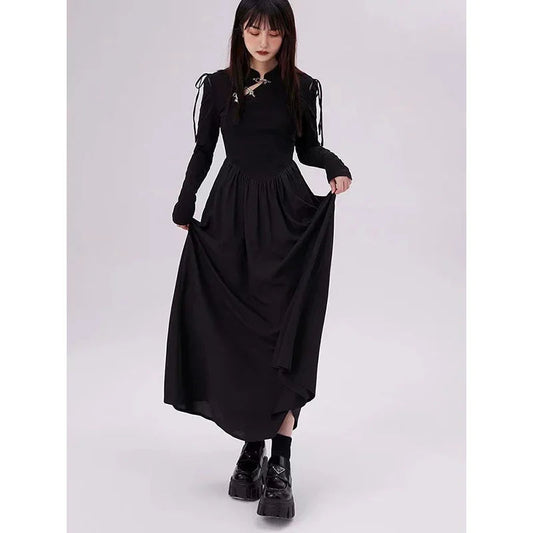 Black Gothic Dress Y2k Long Sleeve Party Bottoming New Korean Harajuku Lady Midi Dress