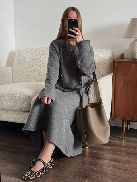 Soft Suits 2 Pieces Female Sets Slash Neck Sweater & Midi Dress Bling Knitted Tracksuit