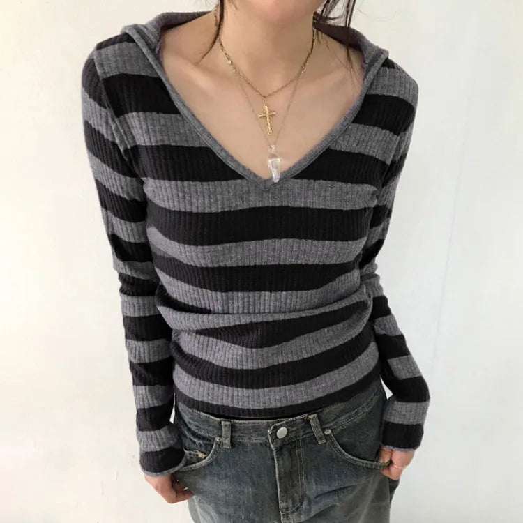Vneck Striped Simple Knitted Tops Mujer Street Allmatch Hoodie Coat Y2k Slim Fit Long Sleeve Pullovers