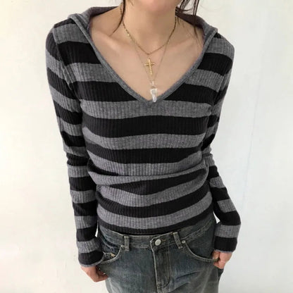 Vneck Striped Simple Knitted Tops Mujer Street Allmatch Hoodie Coat Y2k Slim Fit Long Sleeve Pullovers
