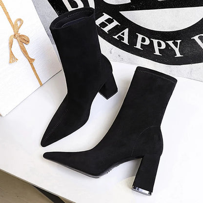 Shoes High Heel Boots Suede Ankle Boots Pointed Toe Socks Boots Thick Heel Shoes Warm Winter Boots Size 43