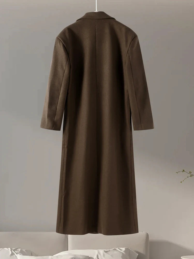 Brown Wool Long Coats for Loose Turn Down Collar Double Breasted Female Overcoat Autumn Winter Street Lady Outwear