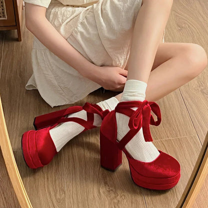 Spring Summer Pumps Double Platform Thick High Heels Velvet Ankle Strap Sweet Pumps Lolita Pink Shoes