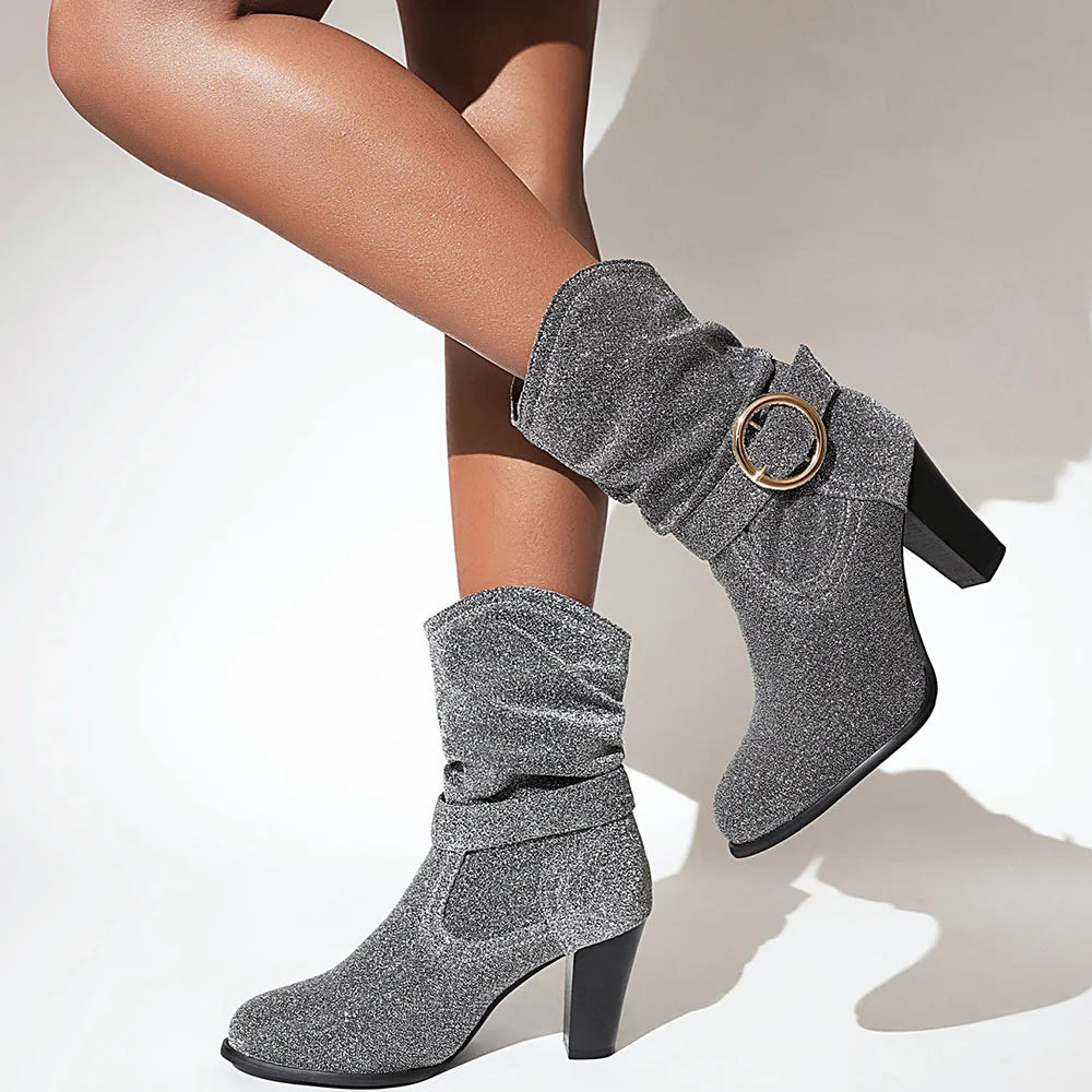New Pointed Toe Square Root Female Midcalf Boots Shiny Buckle Autumn and Winter Party Shoes Woman
