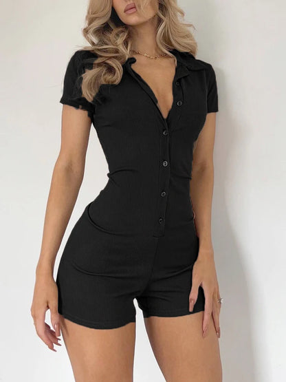 Button Up Turn Down Collar Short Sleeve Slim Ribbed Rompers Playsuit Basic Summer Shirts
