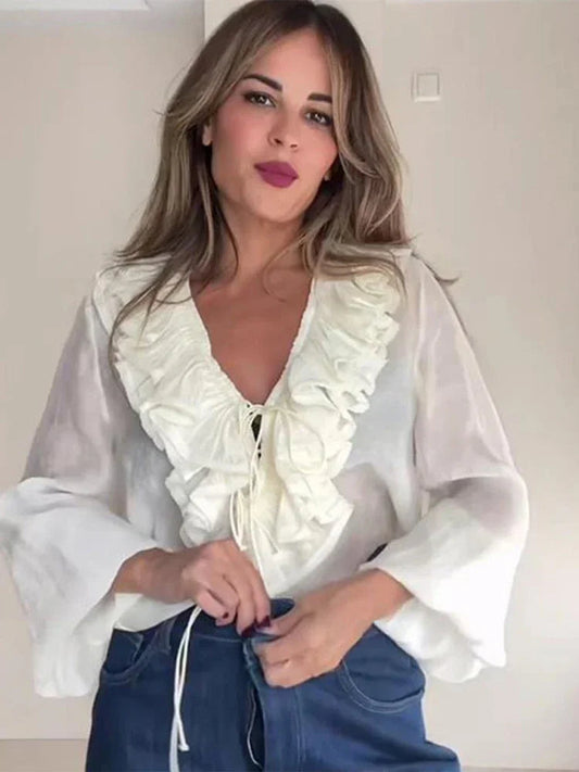 Ruffles Lace Up White V-neck Flared Blouse