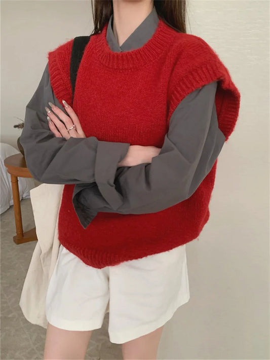 New Red Sweaters Vest Loose Daily Knitwear All Match Winter Pullovers Gentle Slim